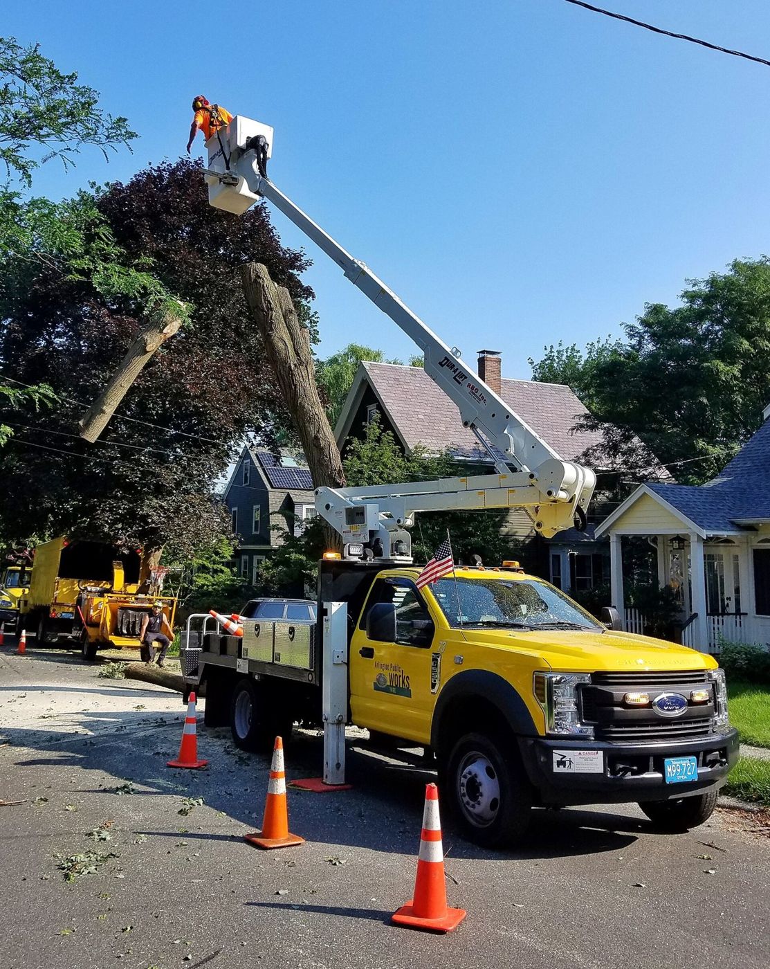 Tree removal operation beside a house